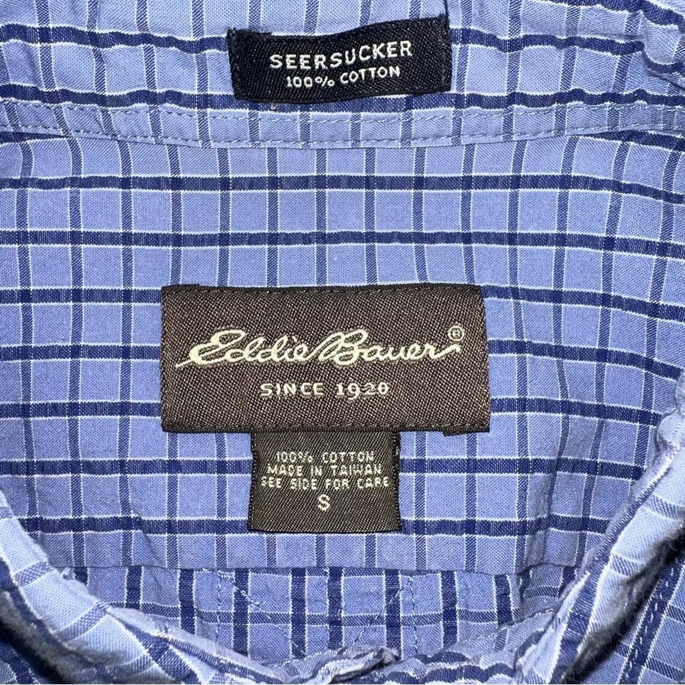 Eddie Bauer Men’s Small Blue Seersucker Checkered Short Sleeve Shirt - Picture 6 of 6